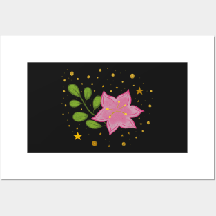 Floral arrangement pink flower with stars and golden sparkles Posters and Art